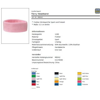Schweiß Stirnband 5,5cm breit MB042 light pink